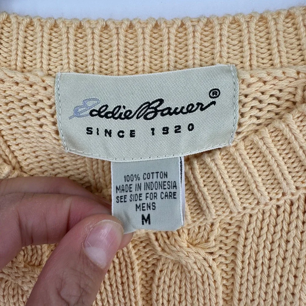 Eddie‎ Bauer Mens Medium Yellow Cable Knit Crewneck Sweater 100% Cotton Chunky - Picture 2 of 9